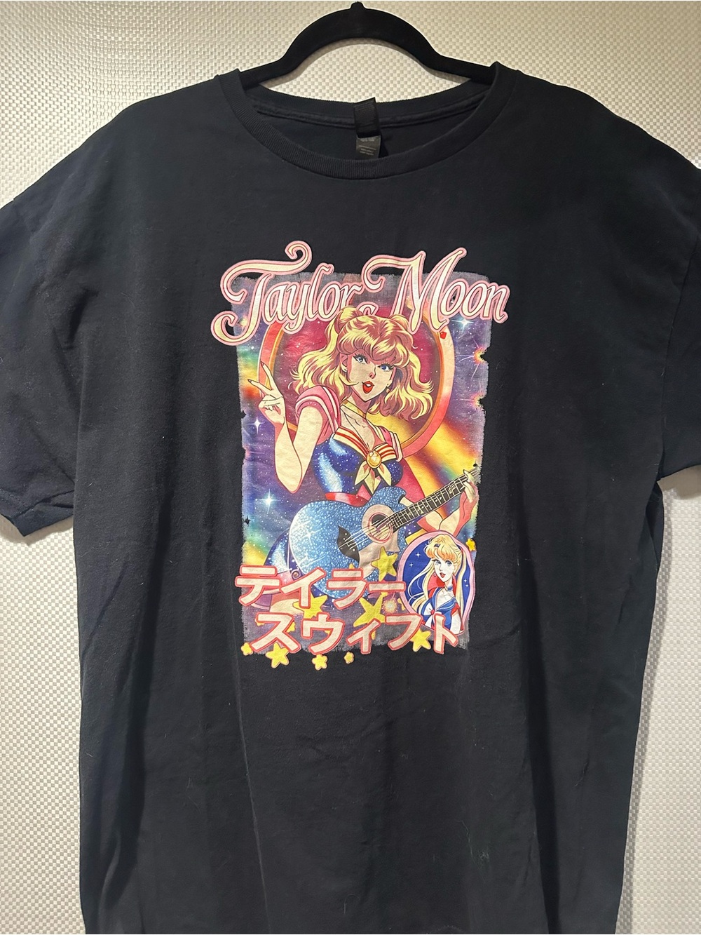 Taylor Moon Black Graphic Tee with Rainbow Anime Art